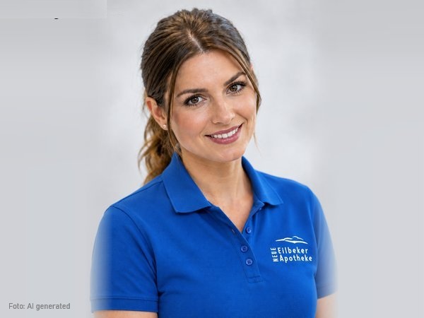 KI-generiertes Porträt von Eila Apotheca, der digitalen Marketing-Assistentin, lächelnd im blauen Polo-Shirt mit Logo der Neuen Eilbeker Apotheke